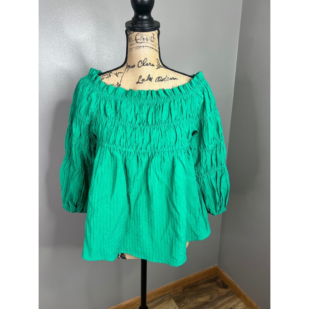 THML Green Off The Shoulder Smocked Ruffle Blouse Puff Sleeve Top boho hippie